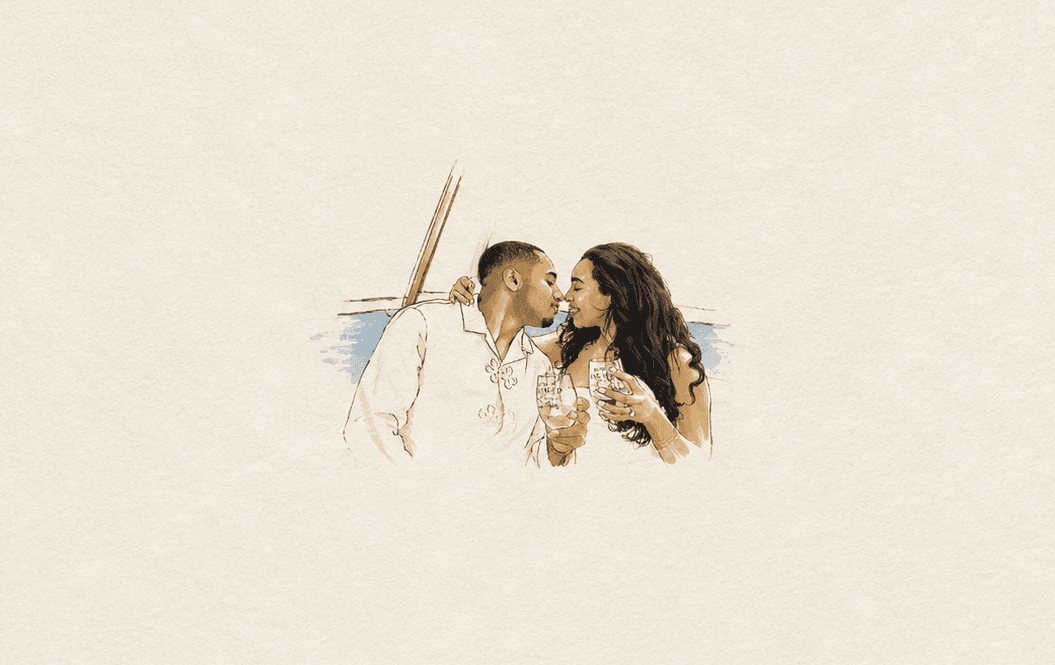 Watercolor portrait of Cayla and Shaddy sharing a kiss by the sea