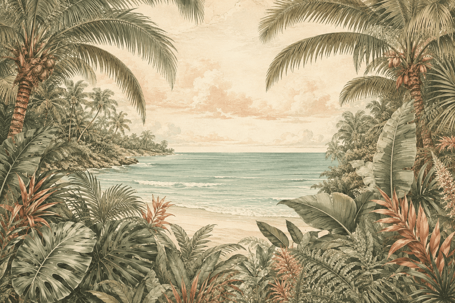 Vintage botanical illustration of the Playa del Carmen coast framed by palms