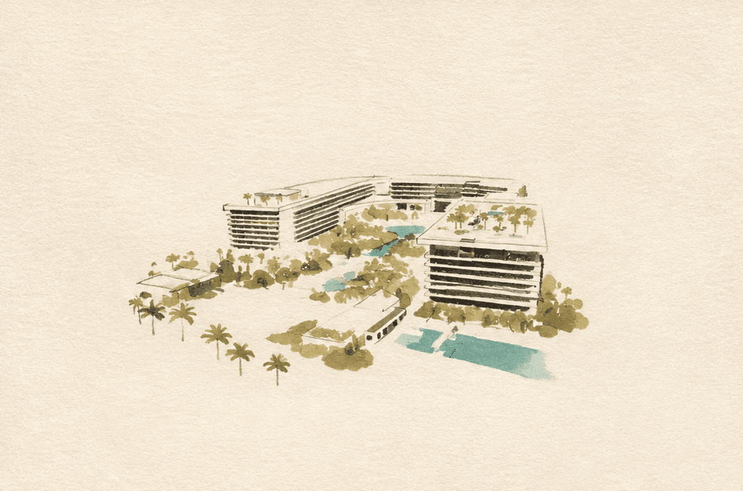 Watercolor illustration of Secrets Moxché, its pools and palm-lined grounds